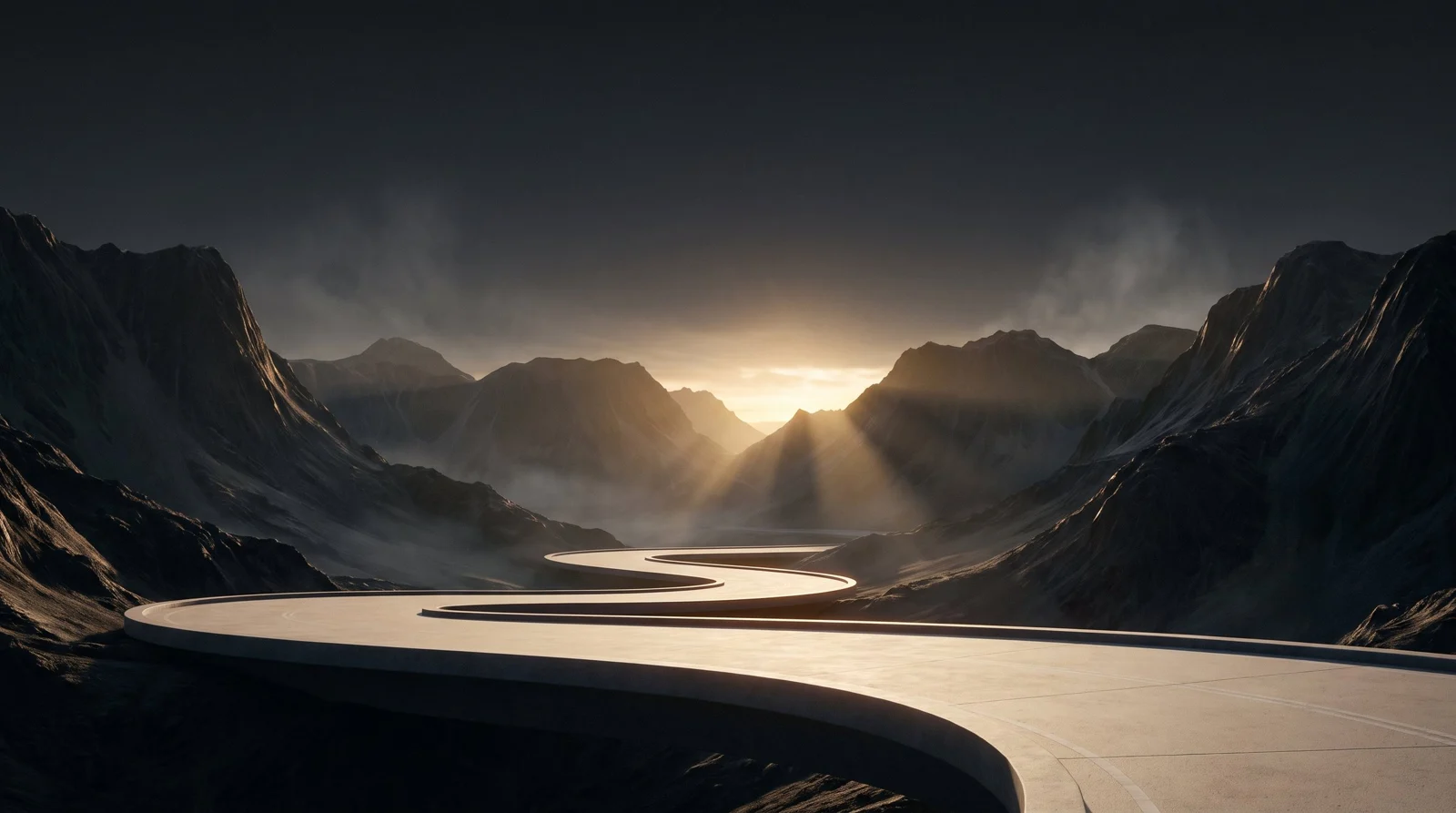 An ivory road winding through a dark mountain valley toward warm light
